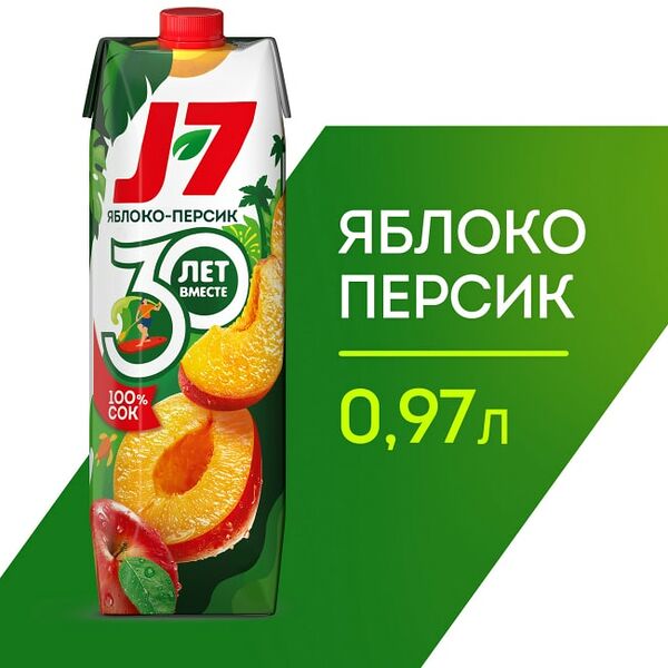 Сок J-7 Яблоко Персик с мякотью 970мл