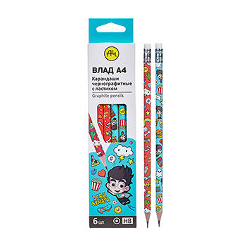 Набор карандашей Hatber чернографитных круглый корпус упак 6шт в наборе Влад А4 Ассорти HB с ластиком заточен.