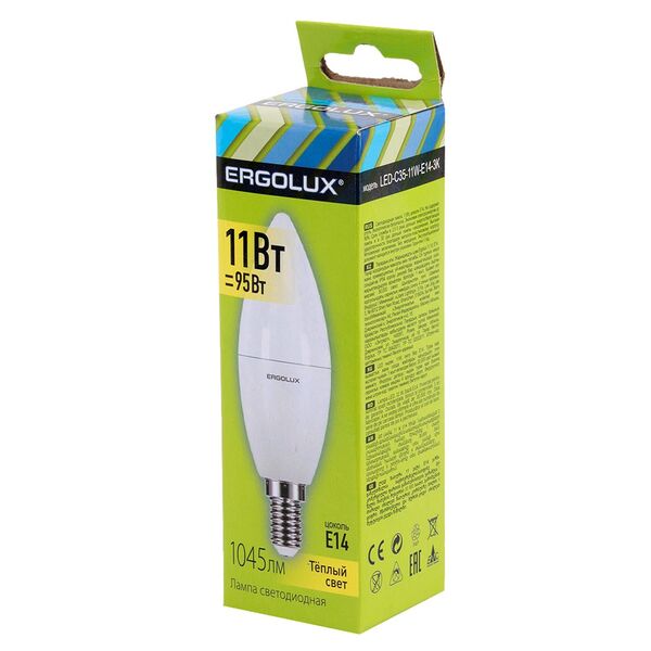 Лампа светодиодная ERGOLUX, E14, 11 Вт, 3000К, 172-265 В, свеча