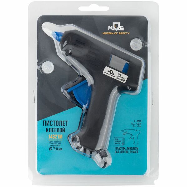 Пистолет клеевой MOS д. 7 мм, 20Вт ( 5Вт в режиме ожидания ), б/стержней, дл. провода 1м, б/защ.кожуха,подставка