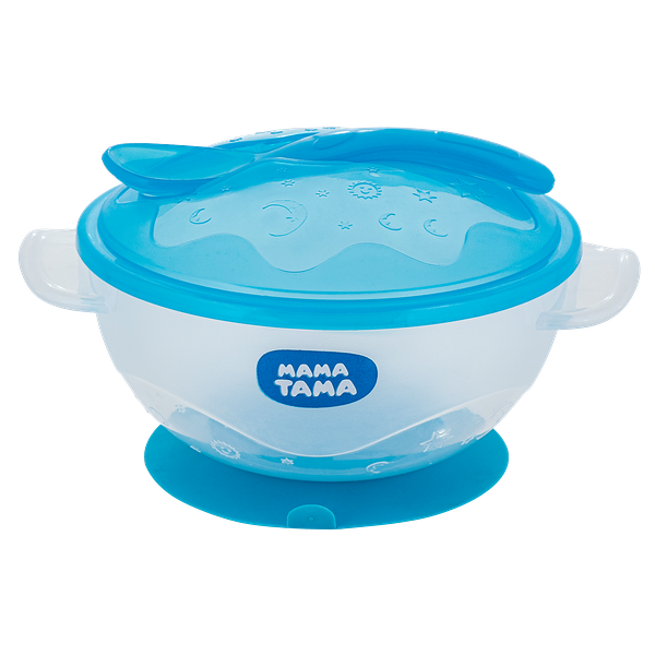 Тарелка МАМА ТАМА пластиковая с крышкой и ложкой глубокая на присоске 6мес+