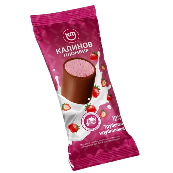 Мороженое Калинов мост пломбир с клубничным наполнителем во взбитой шоколадной глазури 12%, 80 г