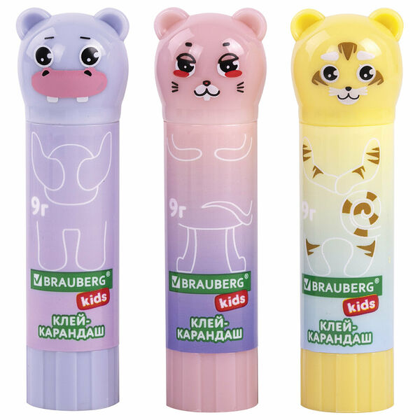 Клей-карандаш BRAUBERG Kids Пастельные зверята: мышка, тигр, бегемот, Арт. 271140, в ассортименте 1 шт