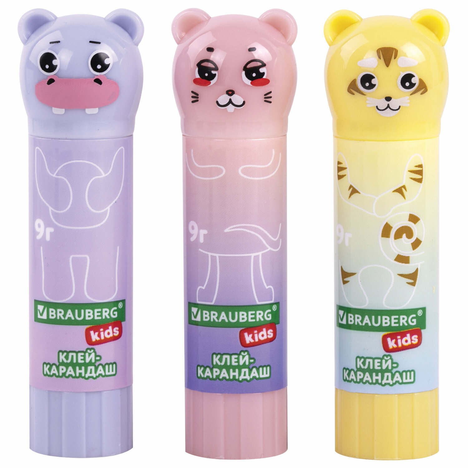 

Клей-карандаш BRAUBERG Kids Пастельные зверята: мышка, тигр, бегемот, Арт. 271140, в ассортименте 1 шт
