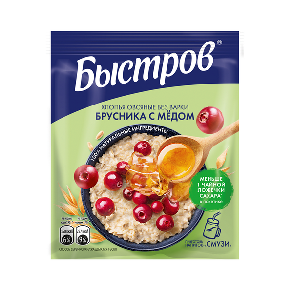 Хлопья овсяные Быстров не требующие варки с брусникой и медом 40г