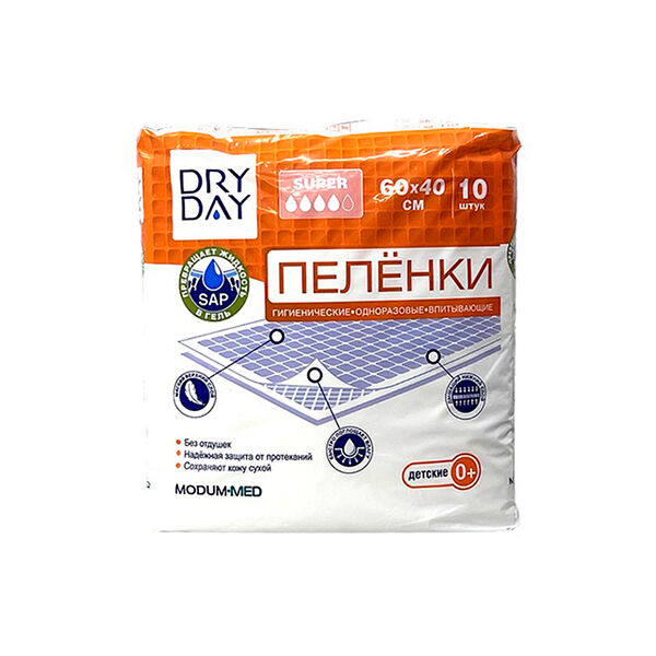 Пеленки гигиенич однораз впитыв Dry Day Super дет 0+ 60х40 10шт
