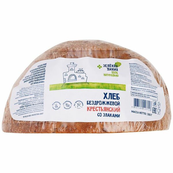 Хлеб Крестьянский Зелёная Линия пшеничный бездрожжевой подовый со злаками, 300 г