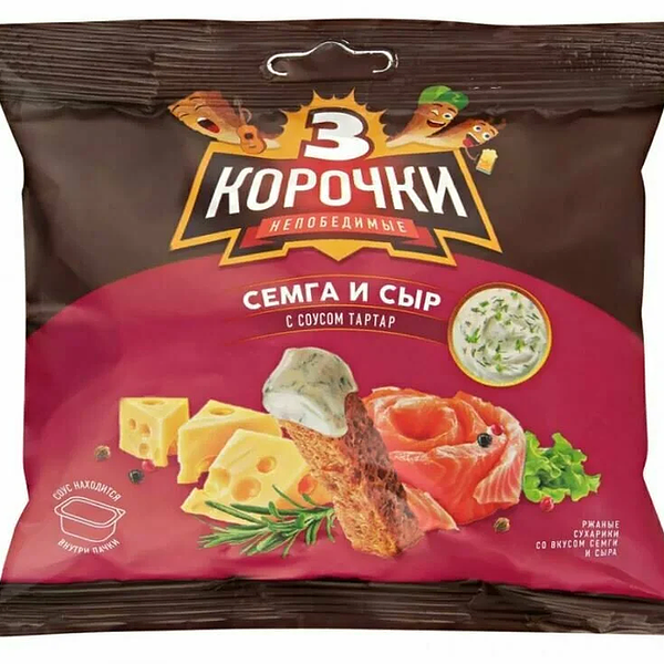 Сухарики Три корочки со вкусом сёмга и сыр 60 г + соус тартар 25 мл