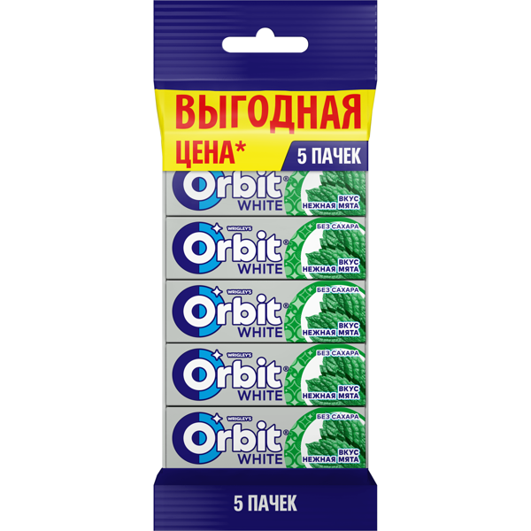 Orbit White Нежная мята жевательная резинка без сахара, 5 шт по 13,6 г        