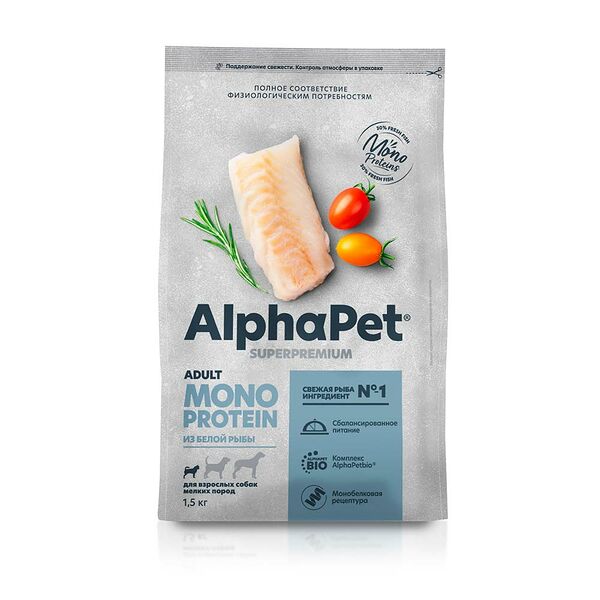 Сухой корм AlphaPet Superpremium Monoprotein для взрослых собак мелких пород с белой рыбой 1.5 кг