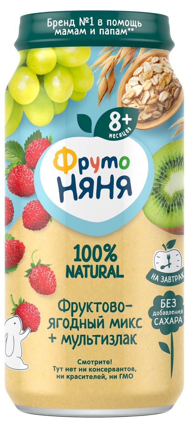 

Пюре Фрутоняня Фруктово-ягодный микс яблоко, земляника, виноград, киви, с 8 месяцев, 250 г