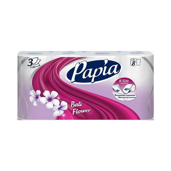 PAPIA бумага туалетная белая с ароматом и рисунком Балийский цветок трехслойная 8шт, без характеристики