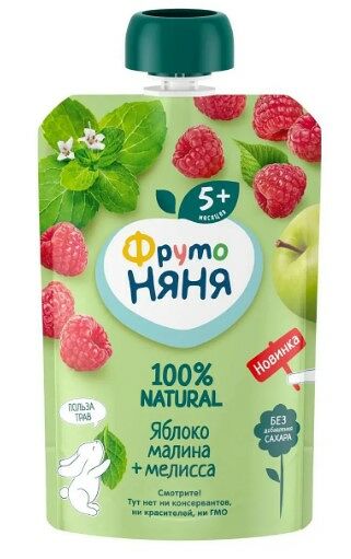 Пюре фрукт-ягод ФрутоНяня яблоко малина мелисса 90г пауч ДП