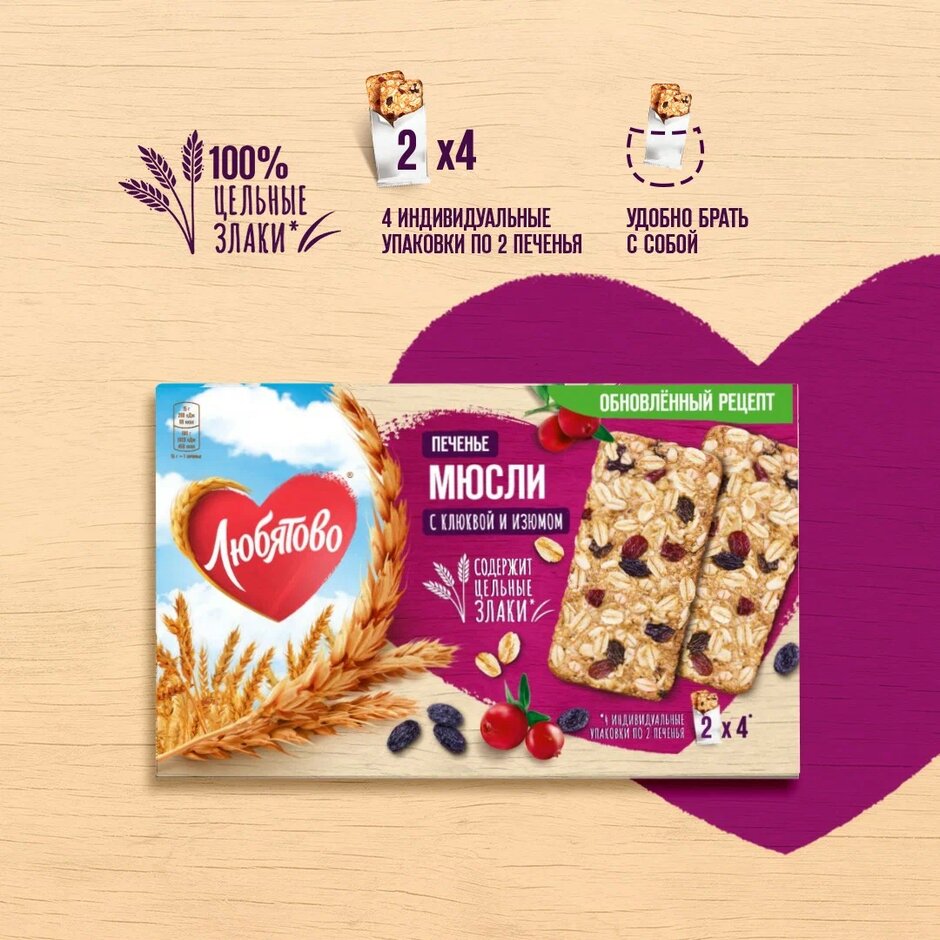 

Печенье злаковое Любятово Мюсли с клюквой и изюмом 120 г