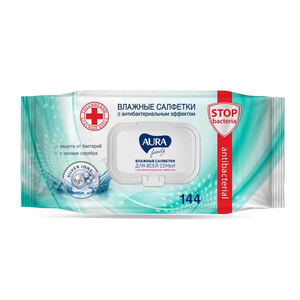 Влажные салфетки Aura Family с антибактериальным эффектом 144 шт