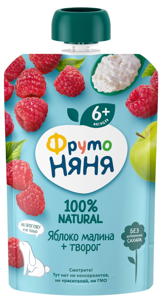 

Пюре ФрутоНяня яблоко, малина, творог, с 6 месяцев, 90 г
