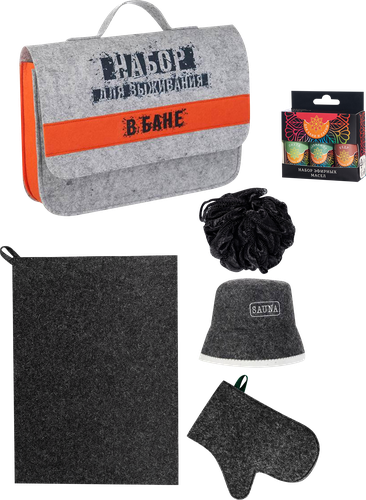 

Набор для бани и сауны Главбаня Шапка, рукавица, коврик, масла и мочалка, в портфеле