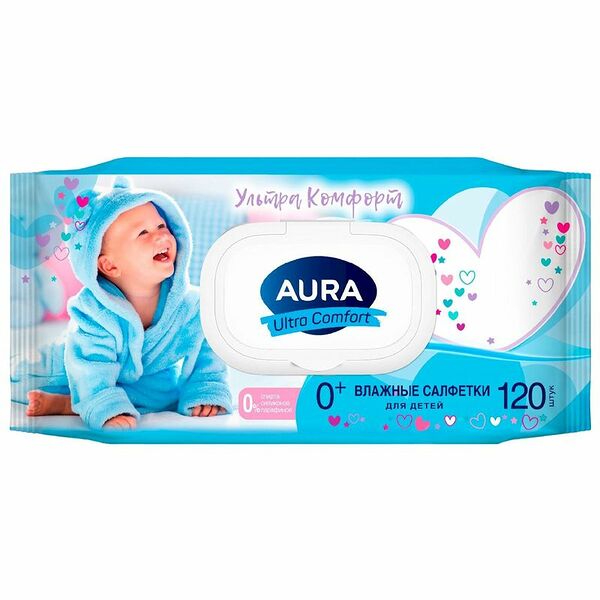 Салфетки влажные Aura Ultra Comfort детские с экстрактом алоэ и витамином Е 120 шт.