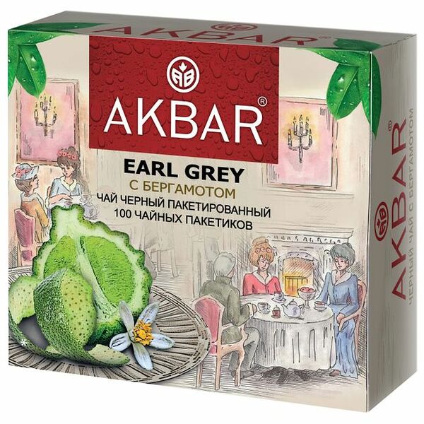 Чай Akbar Earl Grey черный байховый с ароматом бергамота, 100 пакетиков