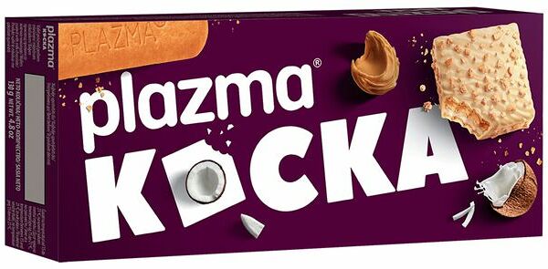 Вафли Plazma с кокосовой начинкой покрытое белым молочным шоколадом и кусочками печенья, 130 г