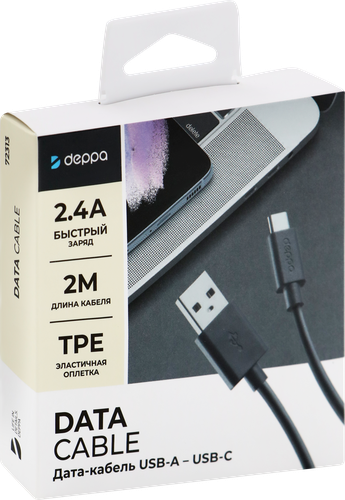 

Дата-кабель Deppa USB-A – USB-C, USB 2.0, 2.4 A, 2 м, черный