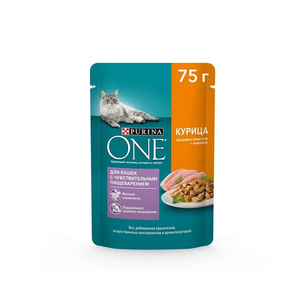 Влажный корм Purina ONE® для кошек с чувствительным пищеварением, с курицей и морковью, Пауч, 75 г