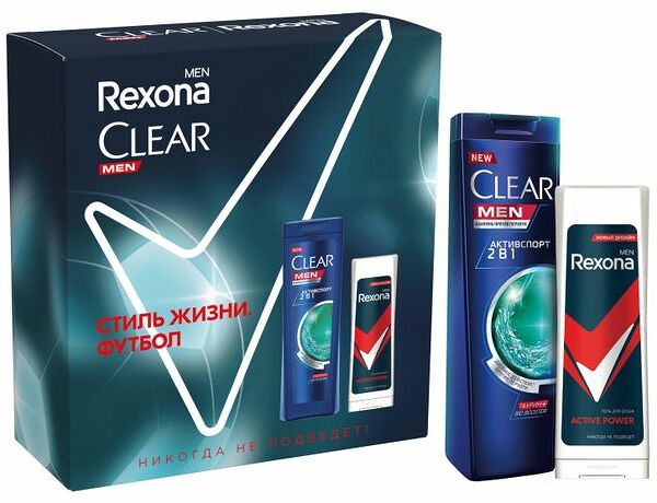 Набор Clear Rexona Men Футбольная коллекция (2 предмета, 380 мл): шампунь и бальзам-ополаскиватель 200 мл + гель для душа 180 мл