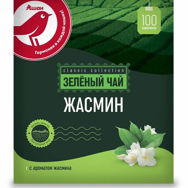 Чай зеленый АШАН Красная птица со вкусом жасмина, 100х2 г