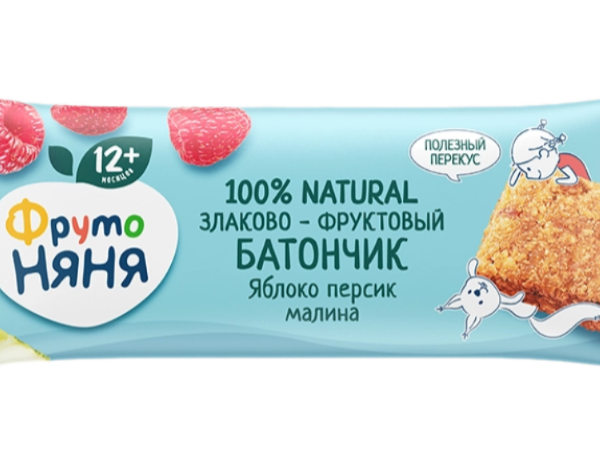 Батончик фруктово-злаковый детский ФрутоНяня яблоко-персик-малина с 12 месяцев, 25г