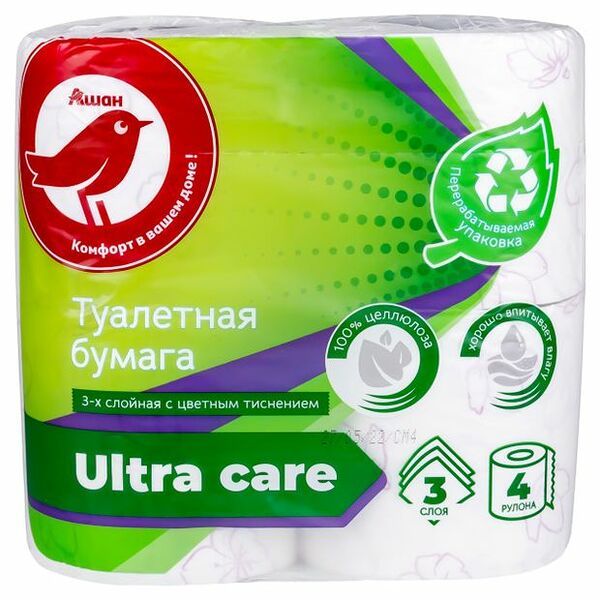 Туалетная бумага Ашан Красная птица 3 слоя 4 рулона