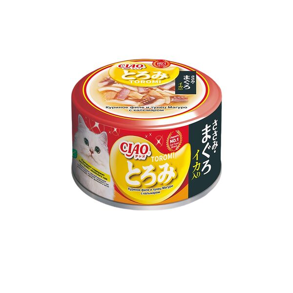 Влажный корм для кошек Inaba Ciao Toromi Куриное филе тунец магуро и кальмар в бульоне 80г