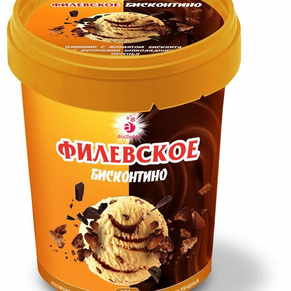 Мороженое пломбир Филевское Бисконтино с ароматом Бисквита с кусочками шоколадного печенья с шоколадным топпингом 550 г