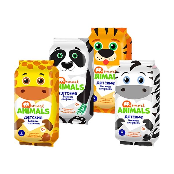 Влажные салфетки детские Smart Animals с ромашкой и витамином Е 8 шт 1 уп. дизайн в ассортименте