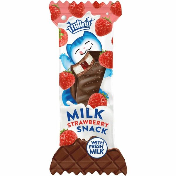 Пирожное бисквитное Milino с кремом с цельным молоком и клубничным джемом глазированное 30 г