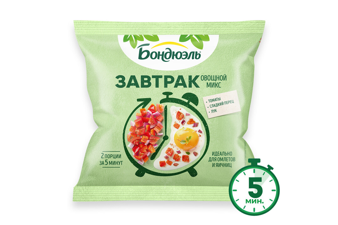 

Овощи замороженные Бондюэль Завтрак с томатами, смесь для омлета и яичницы, 200 г