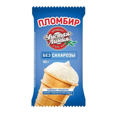 Мороженое Чистая Линия пломбир без сахарозы с ароматом ванили в вафельном стаканчике 12% 80 г