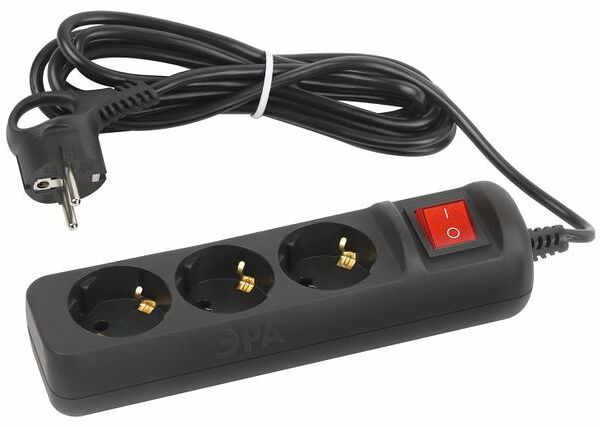 Удлинитель электрический Эра UX-3es-3m-B с заземлением с выключателем 3 розетки 3 м ПВС 3x0,75мм2 10А черный