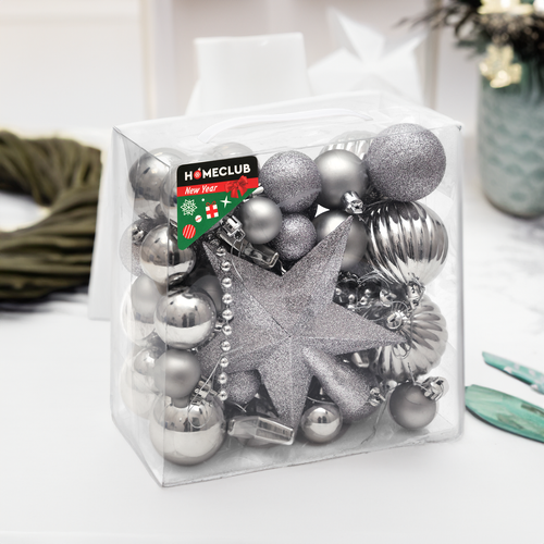 

Набор елочных украшений Homeclub c верхушкой в малом кейсе серебро 50 шт.