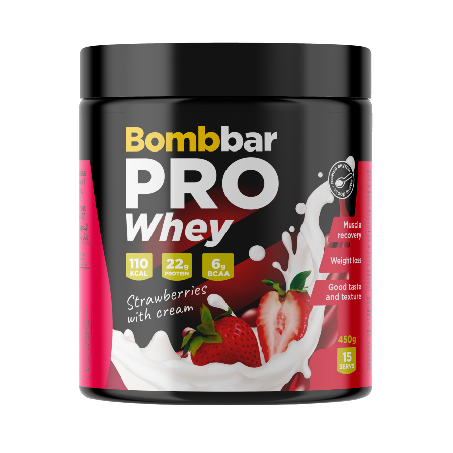 

Коктейль протеиновый Bombbar Pro Whey клубника со сливками 450 г