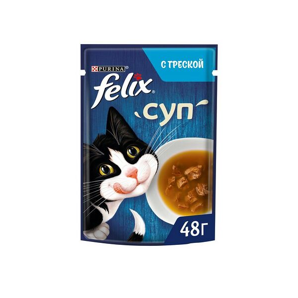 Влажный корм Felix Суп для взрослых кошек, с треской, пауч, 48г
