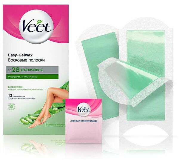 Восковые полоски Veet 12 шт для сухой кожи с алоэ вера и ароматом зелёного чая