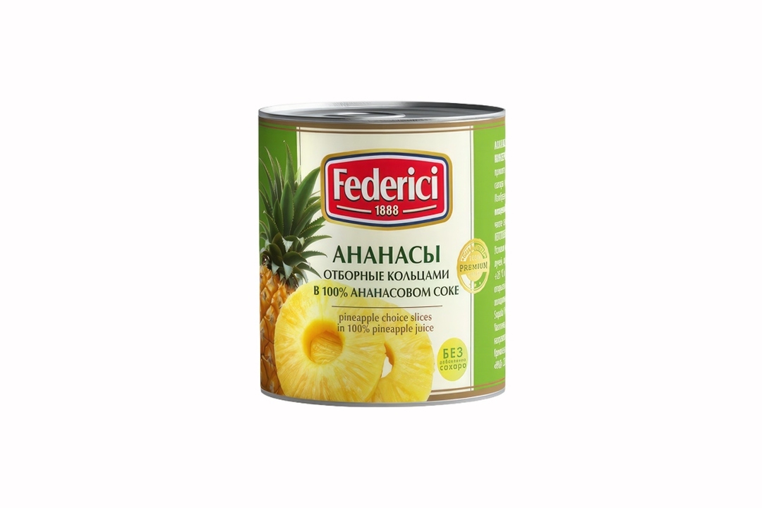 

Ананасы Federici отборные кольцами в ананасовом соке, 435 г