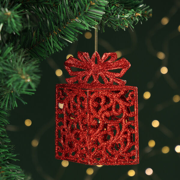 СНОУ БУМ Подвеска декоративная в виде подарка, глиттер, красный, пластик, 14x11см 