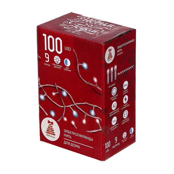 Гирлянда электрическая Сноубум  вьюн 9 м, 100 LED, голубой+белый, постоянное свечение, ПВХ прозрачный, 220В