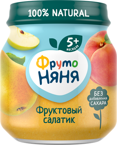

Пюре ФрутоНяня Фруктовый салатик яблоко груша персик с 5 месяцев 100 г