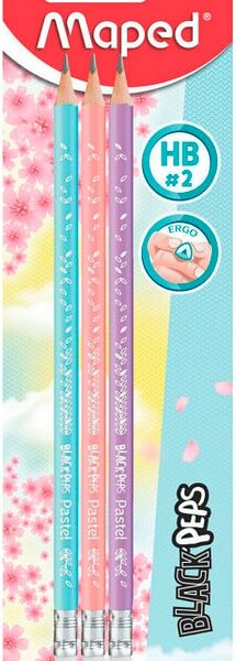 Набор карандашей Maped Black Peps Pastel из американской липы с ластиком чернографитные НВ 3шт
