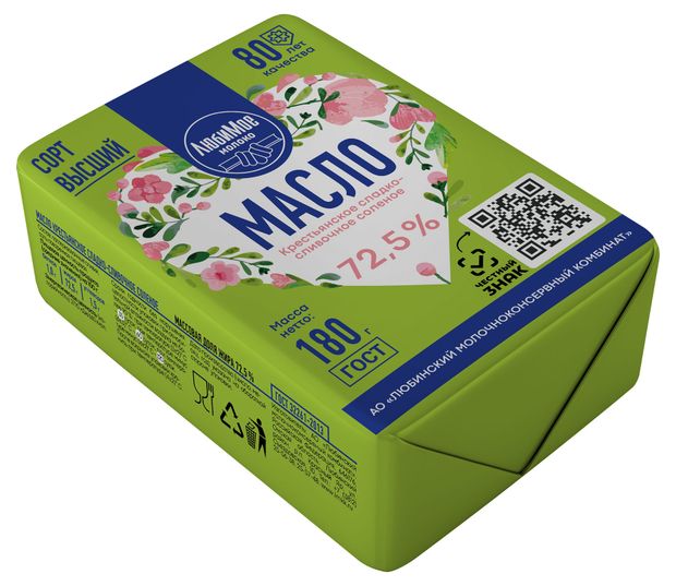 

Масло сладко-сливочное Любимое молоко крестьянское соленое 72.5% 180 г