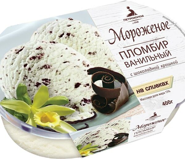 Мороженое Петрохолод Пломбир на сливках ванильный с шоколадной крошкой 15% 400г