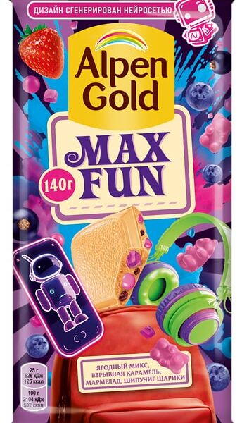 Шоколад белый Alpen Gold Max Fun Ягодный микс Взрывная карамель Мармелад и Шипучие шарики 140г