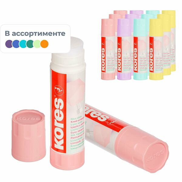 Клей-карандаш 20г Kores Pastel ассорти:розовый, желтый, фиолетовый ,мятный